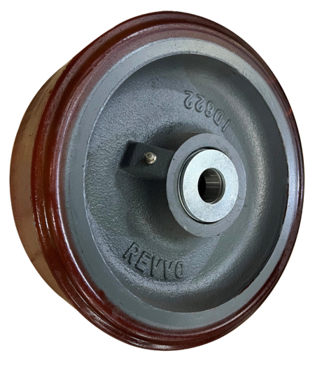 250mm Polyurethane Tyre on a Cast Iron Centre wheel with 25.4mm Taper Roller Bearing and Grease Nipple