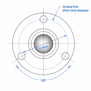 25mm Ball Transfer Unit 3 hole Flying Saucer Style 55.6mm PCD Diagram