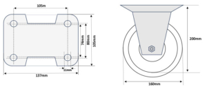 MFK Series 160mm Fixed Castor Dimensional Drawings