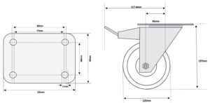 MSK Series 125mm Swivel and Brake Castor Dimensional Diagram