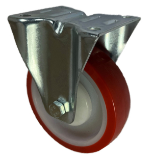 125mm fixed castor with red polyurethane tyre on a white nylon centre with a single ball bearing