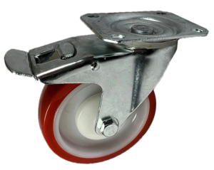 125mm swivel castor with total stop brake and red polyurethane tyre on a nylon centre wheel with single ball bearing