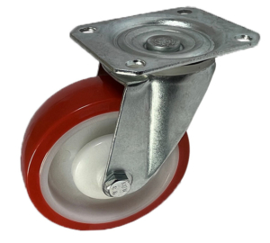 125mm Swivel Castor with Red Polyurethane Tyre on a White Nylon Centre with a single ball bearing. Load Rating 200kg