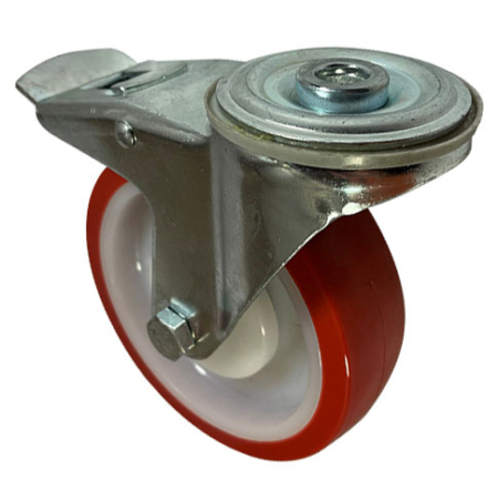 125mm Swivel brake Castor with 12mm Single Bolt Hole with Ball Bearing. Polyurethane Tyre on a nylon centre wheel