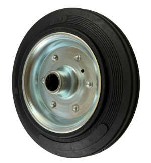 250mm Black Rubber Tyre / Pressed Steel Centre Wheel, 25mm Roller Bearing, 300kg (AW250RMB25)