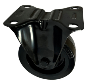 100mm black pressed steel fixed rigid castor with black elastic rubber tyre on a black nylon centre wheel with ball bearings