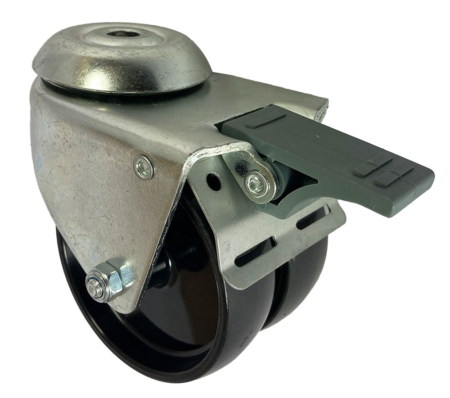 75mm twin wheel single bolt hole swivel castor with brake and black polypropylene wheel