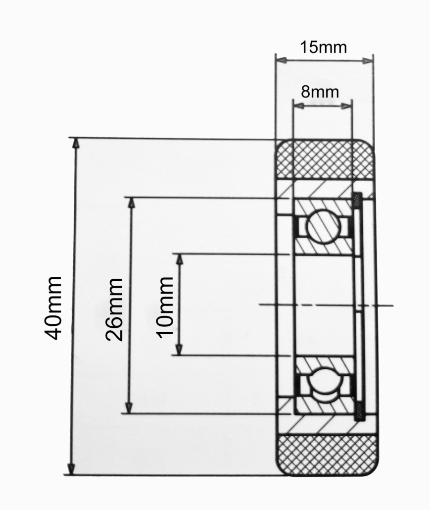 40mm x 15mm guide roller with 8mm ball bearing technical drawing