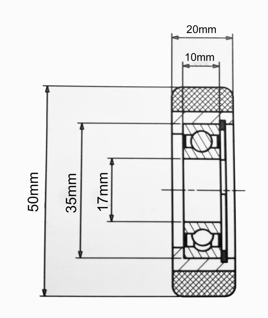 50mm x 20mm polyurethane tyre guide roller with 17mm ball bearing technical drawing