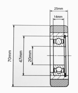 70mm x 25mm Polyurethane Tyre Guide Roller with 20mm 6204ZZ ball bearing
