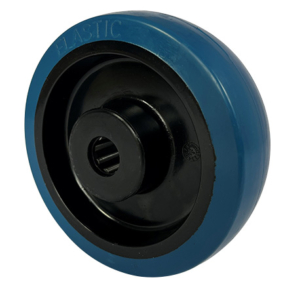 150mm castor wheel with blue elastic rubber tyre on a black polyamide centre with 20mm roller bearing