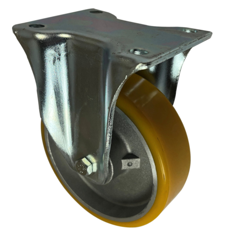 125mm Fixed Castor and Polyurethane Tyre on an Aluminium Centre wheel with Ball Bearings. Load rating is 300kg.