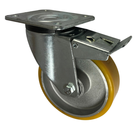 125mm Swivel Brake Castor with Polyurethane Tyre on an Aluminium Centre Wheel with two ball bearings. Load Rating 300kg.