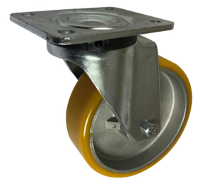 125mm Swivel Castor with a Polyurethane Tyre on an Aluminium Centre wheel with Ball Bearing. Load rating is 300kg.