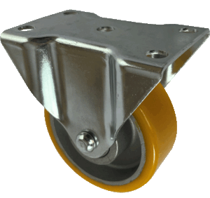 100mm Fixed Castor with Polyurethane Tyre on an aluminium centre wheel and ball bearings. 300kg load capacity