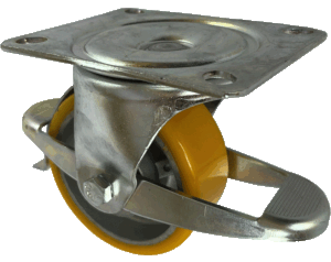 100mm swivel castor with wheel brake. Polyurethane tyre wheel on an aluminium centre with ball bearings. 300kg load capacity