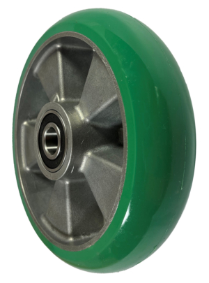 160mm Castor Wheel with Green Polyurethane Tyre on an Aluminium Centre and 20mm Ball Bearings