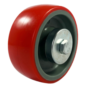 80mm Castor Wheel with a Red Polyurethane Tyre and a Grey Nylon Centre with a 12mm Roller Bearing. Load Capacity is 150kg