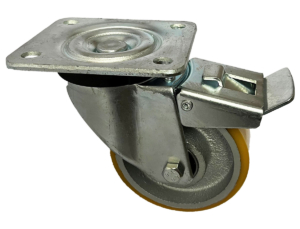 100mm Swivel Castor with Brake and Beige Polyurethane Tyre Cast Iron Wheel and Ball Bearings