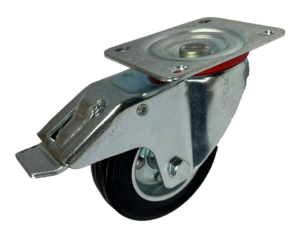 100mm Swivel and Brake Castor with a Black Solid Rubber Tyre wheel on a Pressed Steel Centre wheel and Roller Bearing