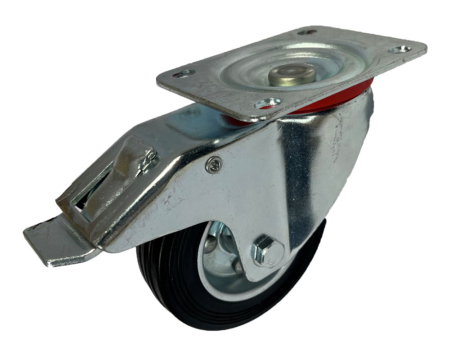 100mm Swivel and Brake Castor with a Black Solid Rubber Tyre wheel on a Pressed Steel Centre wheel and Roller Bearing