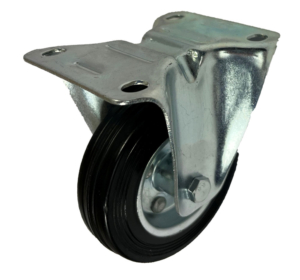 100mm Fixed or Rigid Castor with Black Solid Rubber Tyre Wheel on a Pressed Steel Centre and roller bearing