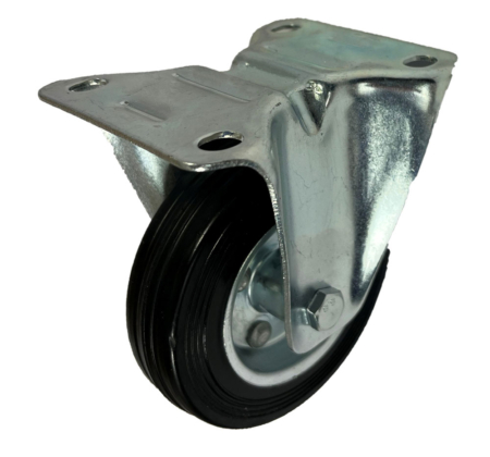 100mm Fixed or Rigid Castor with Black Solid Rubber Tyre Wheel on a Pressed Steel Centre and roller bearing