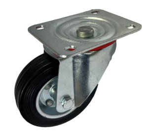 100mm swivel castor with black rubber tyre on a pressed steel centre wheel and roller bearing. 70kg load capacity