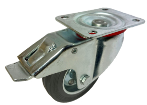 100mm Swivel Brake Castor with Grey Rubber Tyre Wheel on a Pressed Steel Centre and Roller Bearing