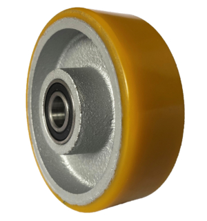 100mm Castor Wheel with a polyurethane tyre on a silver painted cast iron centre and 15mm ball bearings