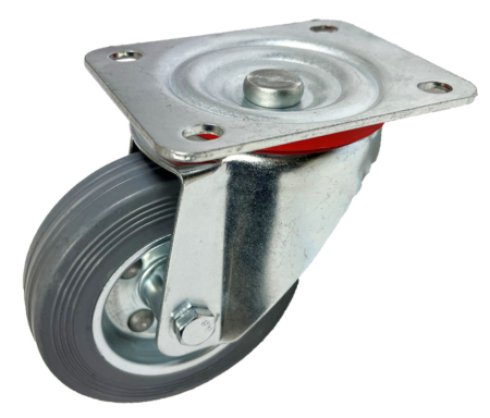100mm Swivel Castor with Brake and Grey Rubber Tyre Wheel on a Pressed Steel Centre