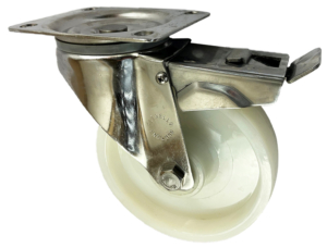 160mm Swivel Castor with Brake and White Nylon Wheel with Roller Bearing. 250kg Load Rating