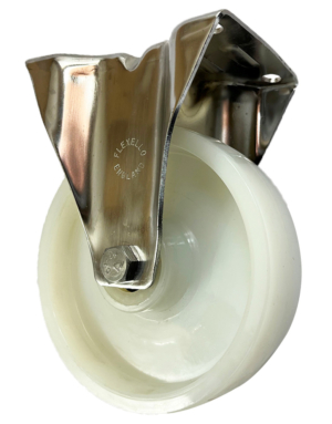 160mm Fixed Castor with White Nylon Wheel and Roller Bearing. 250kg Load Rating