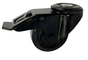 80mm Single Bolt Hole Swivel Castor with Brake and Black Rubber Tyre Wheel with Ball Bearings. Black Powder Coating.