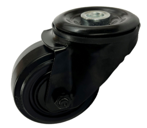 80mm Single Bolt Hole Swivel Castor with Black Powder Coating and Rubber Tyred Wheel with Ball Bearings