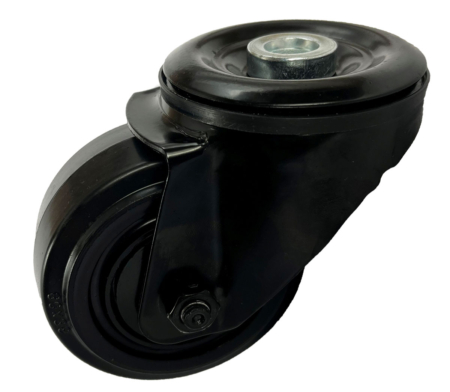 80mm Single Bolt Hole Swivel Castor with Black Powder Coating and Rubber Tyred Wheel with Ball Bearings