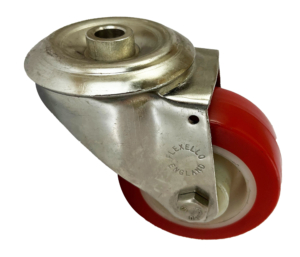 80mm Stainless Steel Swivel Castor with a 12mm Single Bolt Hole and Red Polyurethane Tyre wheel with Roller Bearing