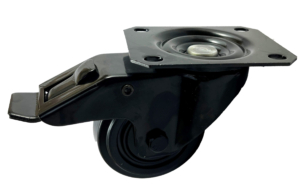 80mm swivel and brake top plate castor with black frame and black rubber tyre wheel with ball bearings