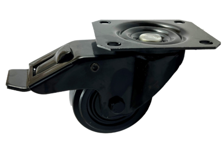 80mm swivel and brake top plate castor with black frame and black rubber tyre wheel with ball bearings