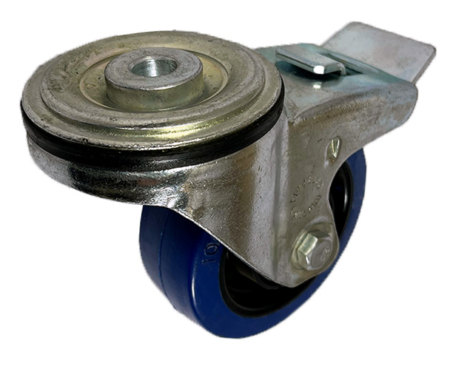 100mm Heavy Duty Single Bolt Hole swivel brake castor with blue elastic rubber tyre wheel