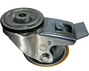 100mm single bolt hole swivel castor with brake and polyurethane tyre cast iron centre wheel with ball bearings