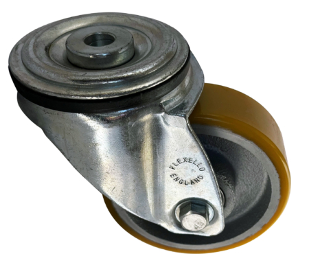 100mm swivel castor with 12mm single bolt hole and polyurethane tyre cast iron wheel with ball bearings