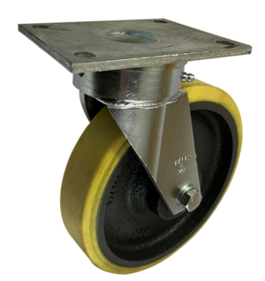 Swivel Castor with Fabricated Forge Steel Bracket and 200mm Polyurethane Tyre wheel with a cast iron centre and roller bearing