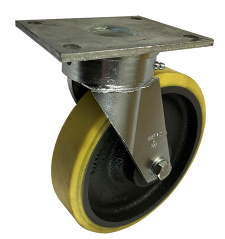 Swivel Castor with Fabricated Forge Steel Bracket and 200mm Polyurethane Tyre wheel with a cast iron centre and roller bearing