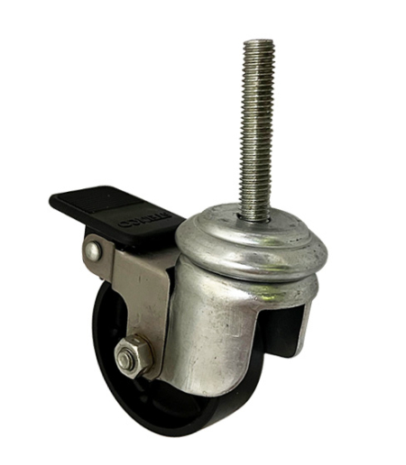 50mm swivel castor with 8mm x 50mm threaded stem and black nylon wheel with brake
