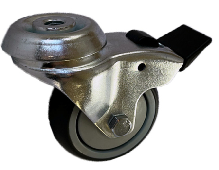 75mm Single Bolt Hole Swivel and Brake Castor with Grey Thermoplastic Rubber Tyre Wheel with Single Ball Bearing