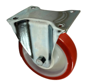 160mm fixed castor with a red polyurethane tyre on a white nylon core castor wheel with ball bearings