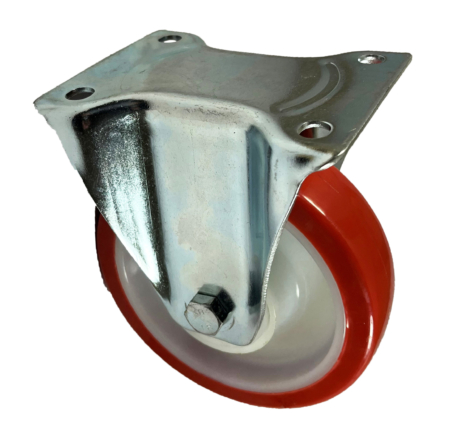 160mm fixed castor with a red polyurethane tyre on a white nylon core castor wheel with ball bearings