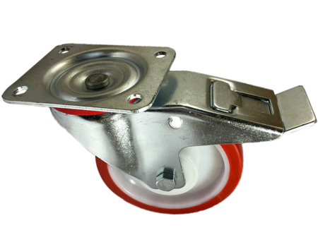 160mm swivel with brake castor and a red polyurethane tyred white nylon centre castor wheel with ball bearings