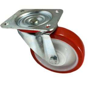 160mm swivel castor with a red polyurethane tyre on a white nylon centre castor wheel with ball bearings